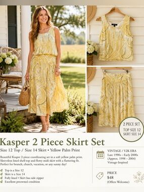 Kasper 2 Piece Skirt Set Size 12 Top / 14 Skirt Yellow Palm Print Midi